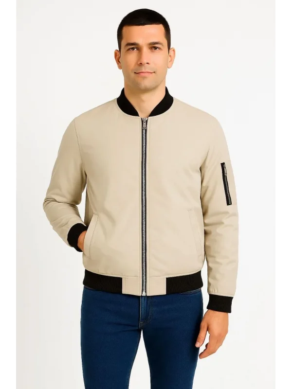 Erkek Bomber Mont Ceket – Fermuarlı, Kapitone İçi Astarlı, Su İtici Kumaş, Regular Fit, Uzun Kollu, Yandan Cepli, Bahar & Kış Rahat Günlük Stil - Bej