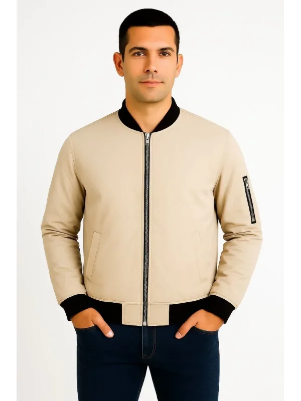 Erkek Bomber Mont Ceket – Fermuarlı, Kapitone İçi Astarlı, Su İtici Kumaş, Regular Fit, Uzun Kollu, Yandan Cepli, Bahar & Kış Rahat Günlük Stil - Bej