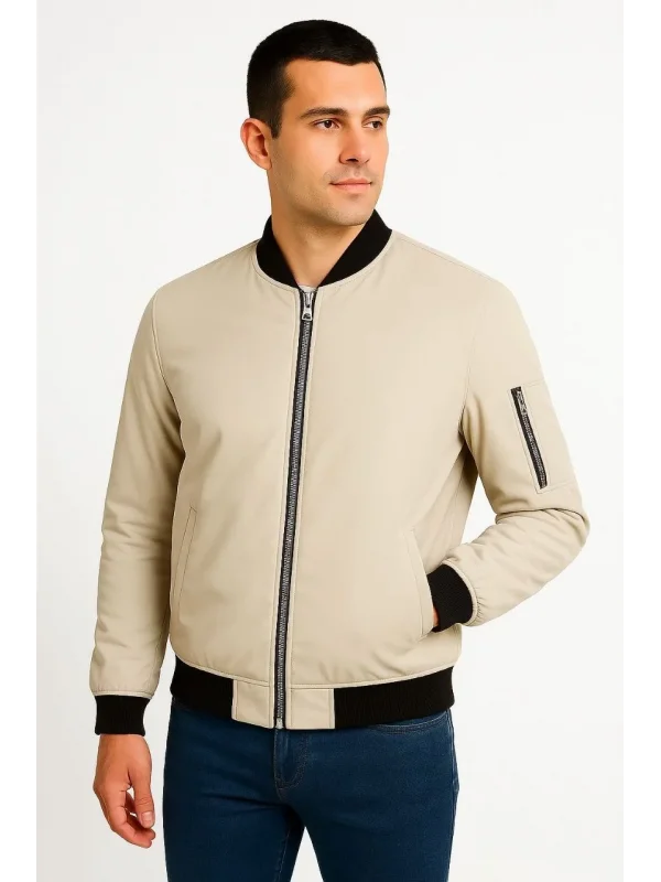 Erkek Bomber Mont Ceket – Fermuarlı, Kapitone İçi Astarlı, Su İtici Kumaş, Regular Fit, Uzun Kollu, Yandan Cepli, Bahar & Kış Rahat Günlük Stil - Bej