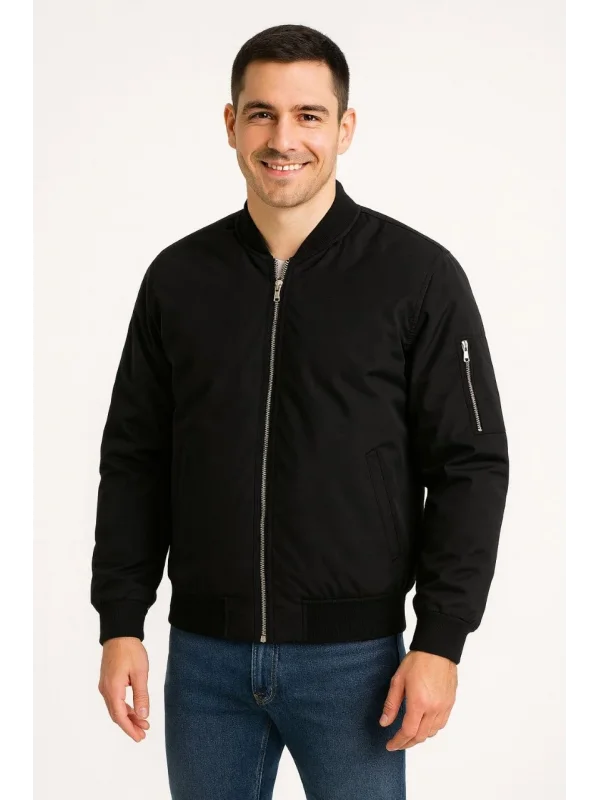 Erkek Bomber Mont Ceket – Fermuarlı, Kapitone İçi Astarlı, Su İtici Kumaş, Regular Fit, Uzun Kollu, Yandan Cepli, Bahar & Kış Rahat Günlük Stil - Siyah