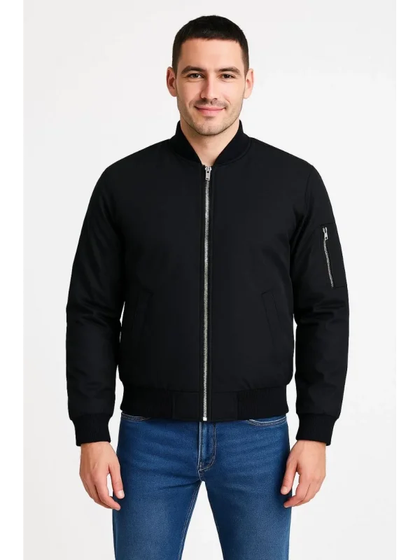 Erkek Bomber Mont Ceket – Fermuarlı, Kapitone İçi Astarlı, Su İtici Kumaş, Regular Fit, Uzun Kollu, Yandan Cepli, Bahar & Kış Rahat Günlük Stil - Siyah