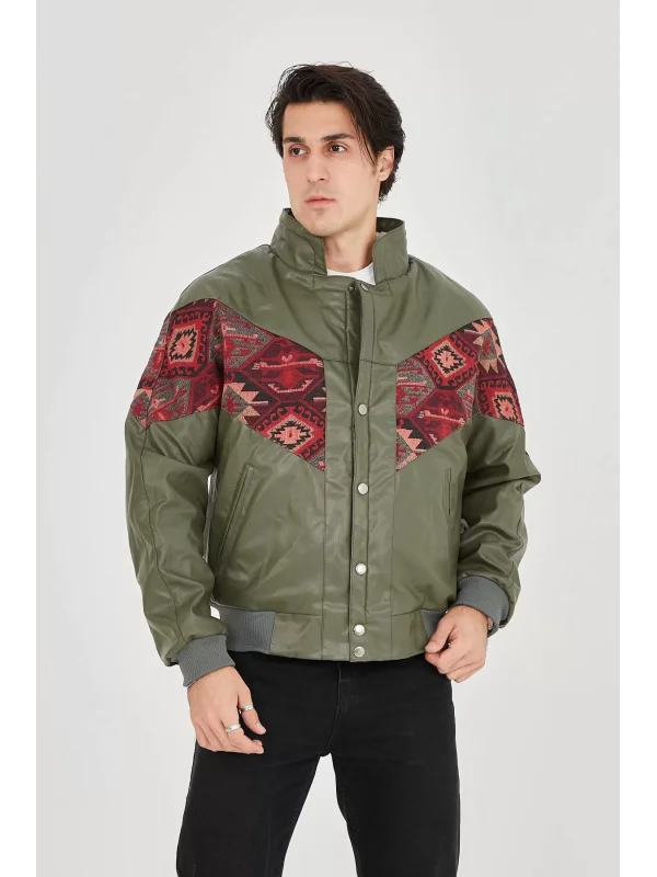 Erkek İçi Astarlı İçten Yaka Kısmı Peluşlu Suni Kumaş Vintage Ceket - Haki