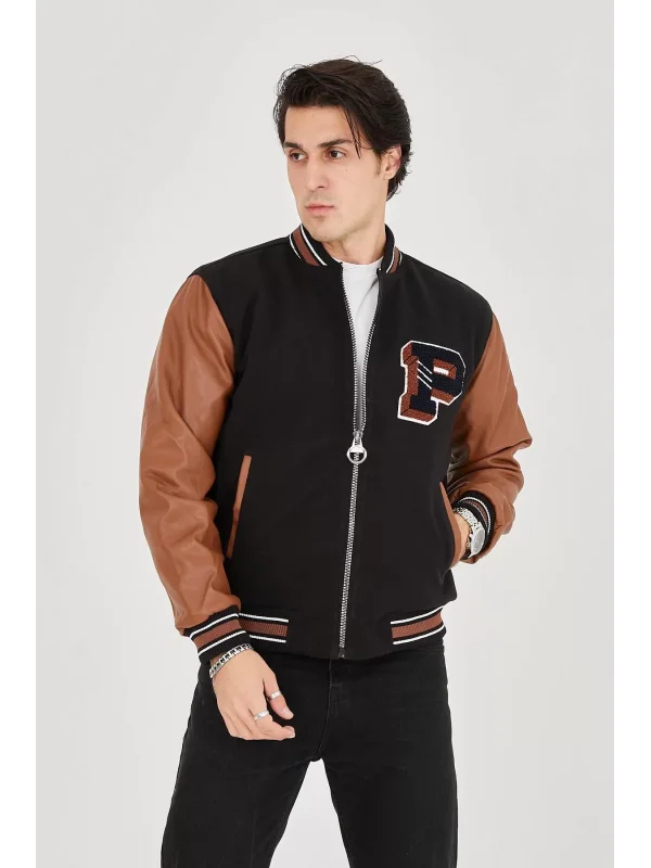 Erkek İçten Elyaf ve Astarlı Kolları Suni Deri Ceket - Kahverengi