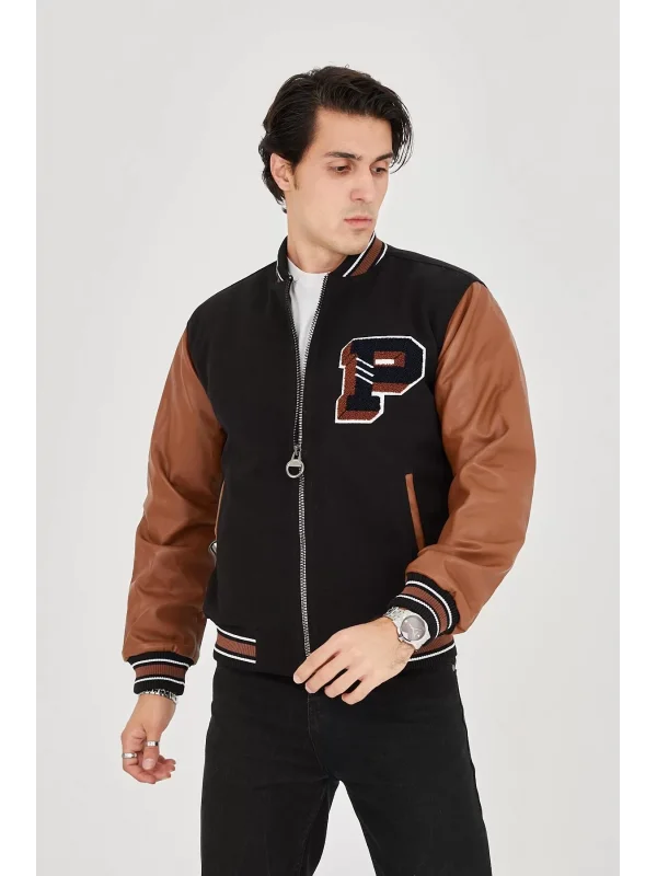 Erkek İçten Elyaf ve Astarlı Kolları Suni Deri Ceket - Kahverengi