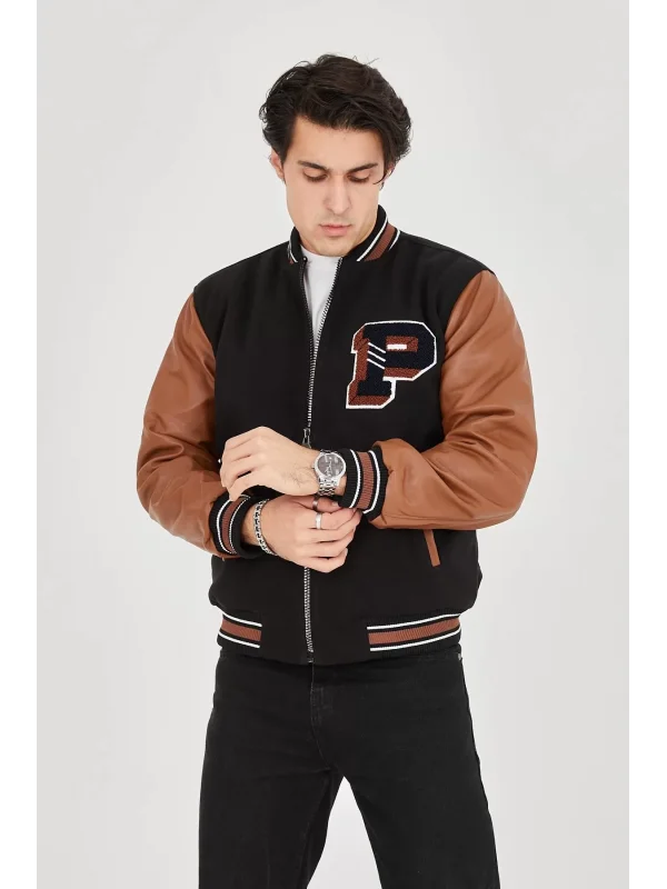 Erkek İçten Elyaf ve Astarlı Kolları Suni Deri Ceket - Kahverengi