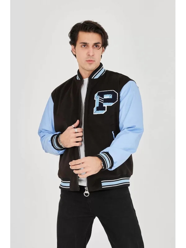 Erkek İçten Elyaf ve Astarlı Kolları Suni Deri Ceket - Mavi