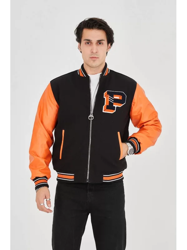 Erkek İçten Elyaf ve Astarlı Kolları Suni Deri Ceket - Turuncu