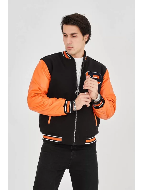 Erkek İçten Elyaf ve Astarlı Kolları Suni Deri Ceket - Turuncu
