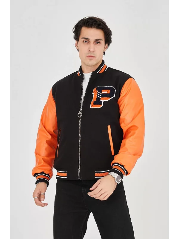 Erkek İçten Elyaf ve Astarlı Kolları Suni Deri Ceket - Turuncu