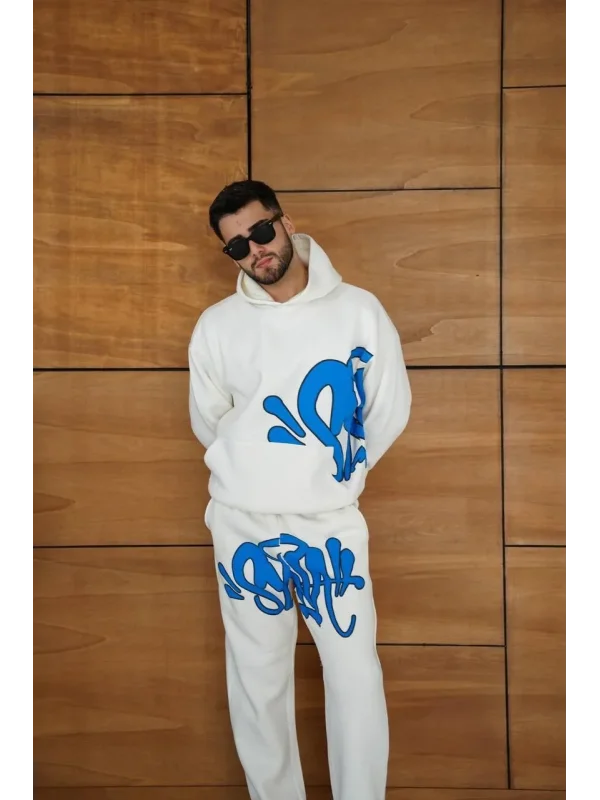 Erkek Kapüşonlu Eşofman Takım Graffiti Baskılı  Oversize Rahat Kalıp, Kanguru Cepli, Streetwear Tarzında Premium Ürün 3 iplik Pamuklu - Beyaz