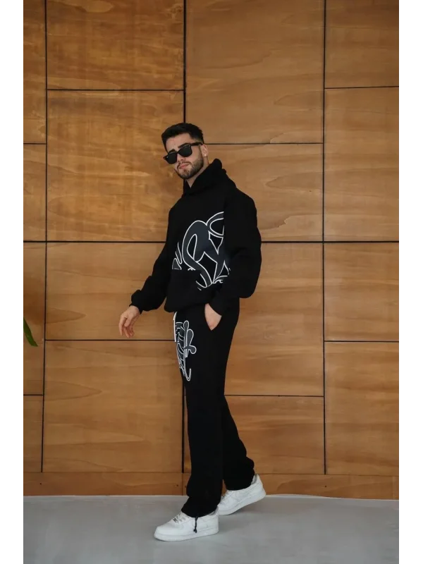 Erkek Kapüşonlu Eşofman Takım Graffiti Baskılı Oversize Rahat Kalıp, Kanguru Cepli, Streetwear Tarzında Premium Ürün 3 iplik Pamuklu - Siyah