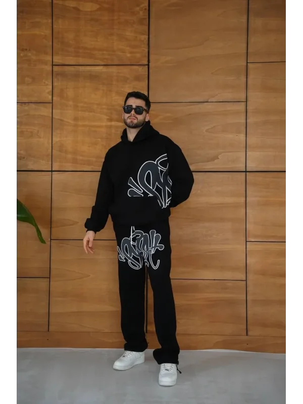 Erkek Kapüşonlu Eşofman Takım Graffiti Baskılı Oversize Rahat Kalıp, Kanguru Cepli, Streetwear Tarzında Premium Ürün 3 iplik Pamuklu - Siyah