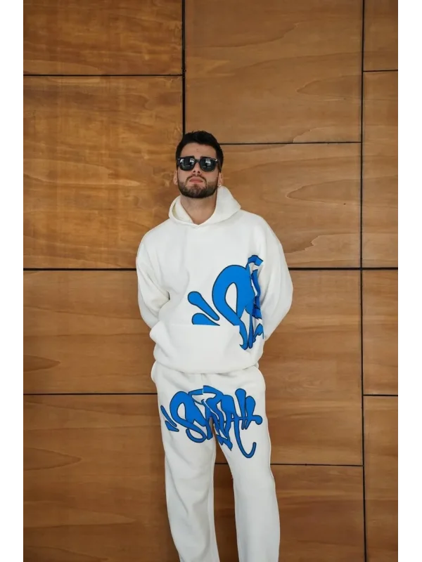 Erkek Kapüşonlu Eşofman Takım Graffiti Baskılı  Oversize Rahat Kalıp, Kanguru Cepli, Streetwear Tarzında Premium Ürün 3 iplik Pamuklu - Beyaz