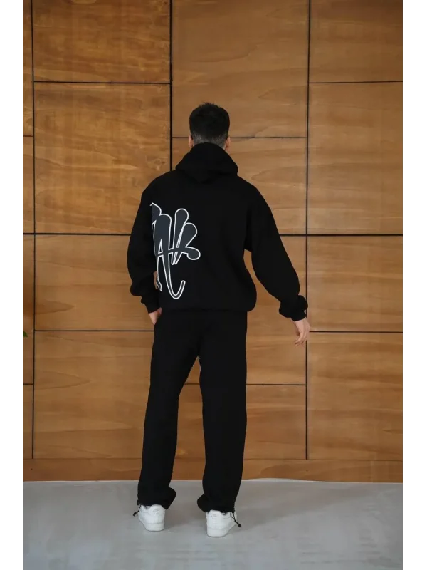 Erkek Kapüşonlu Eşofman Takım Graffiti Baskılı Oversize Rahat Kalıp, Kanguru Cepli, Streetwear Tarzında Premium Ürün 3 iplik Pamuklu - Siyah