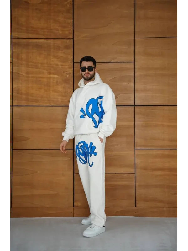 Erkek Kapüşonlu Eşofman Takım Graffiti Baskılı  Oversize Rahat Kalıp, Kanguru Cepli, Streetwear Tarzında Premium Ürün 3 iplik Pamuklu - Beyaz