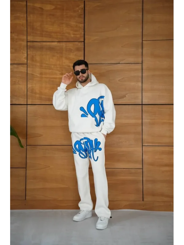 Erkek Kapüşonlu Eşofman Takım Graffiti Baskılı  Oversize Rahat Kalıp, Kanguru Cepli, Streetwear Tarzında Premium Ürün 3 iplik Pamuklu - Beyaz