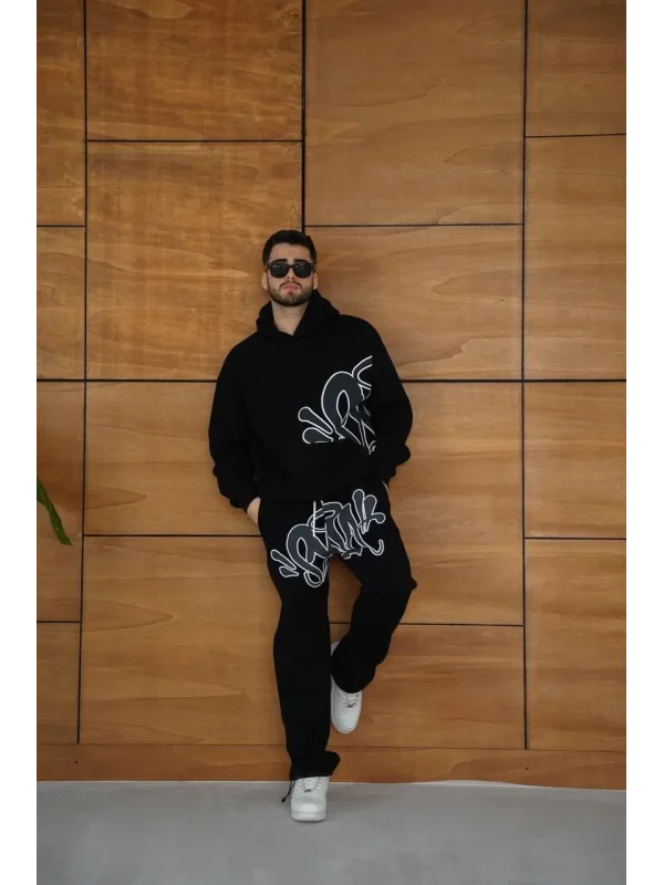 Erkek Kapüşonlu Eşofman Takım Graffiti Baskılı Oversize Rahat Kalıp, Kanguru Cepli, Streetwear Tarzında Premium Ürün 3 iplik Pamuklu - Siyah