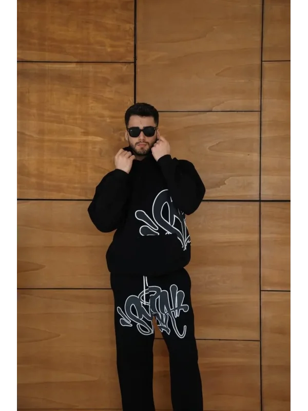 Erkek Kapüşonlu Eşofman Takım Graffiti Baskılı Oversize Rahat Kalıp, Kanguru Cepli, Streetwear Tarzında Premium Ürün 3 iplik Pamuklu - Siyah