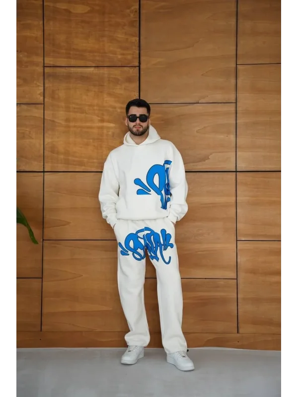 Erkek Kapüşonlu Eşofman Takım Graffiti Baskılı  Oversize Rahat Kalıp, Kanguru Cepli, Streetwear Tarzında Premium Ürün 3 iplik Pamuklu - Beyaz