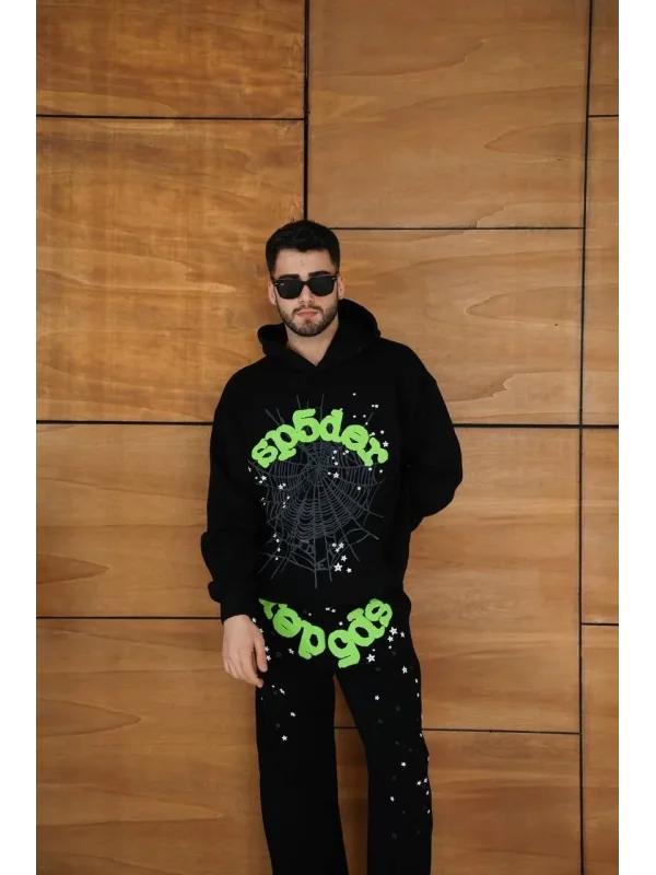 Erkek Kapüşonlu Eşofman Takım Örümcek Ağı ve Neon Yeşil Baskılı Kanguru cepli Oversize Rahat Kalıp, Premium Üç İplik Kumaş - Siyah