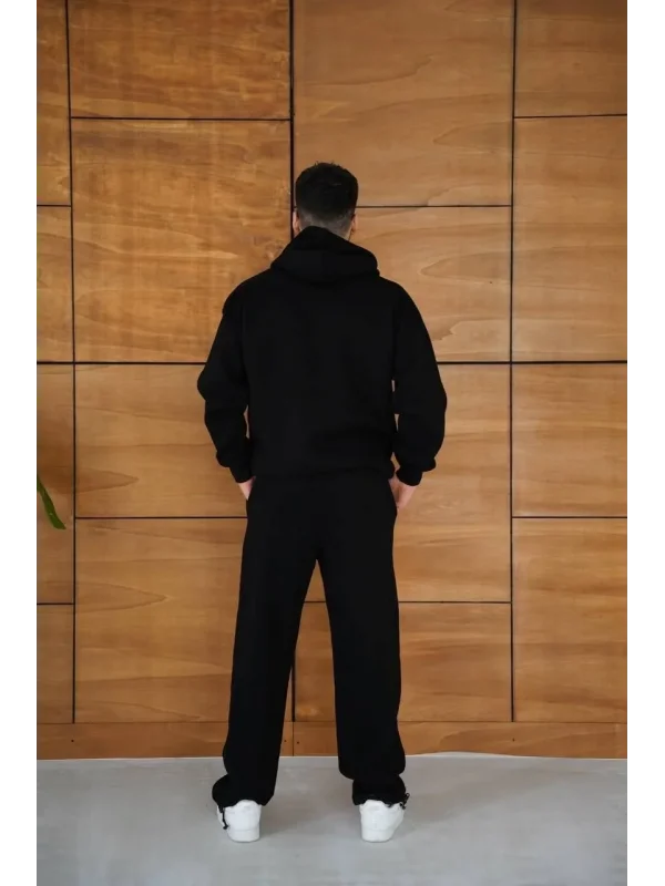 Erkek Kapüşonlu Eşofman Takım Örümcek Ağı ve Neon Yeşil Baskılı Kanguru cepli Oversize Rahat Kalıp, Premium Üç İplik Kumaş - Siyah