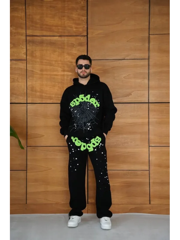 Erkek Kapüşonlu Eşofman Takım Örümcek Ağı ve Neon Yeşil Baskılı Kanguru cepli Oversize Rahat Kalıp, Premium Üç İplik Kumaş - Siyah