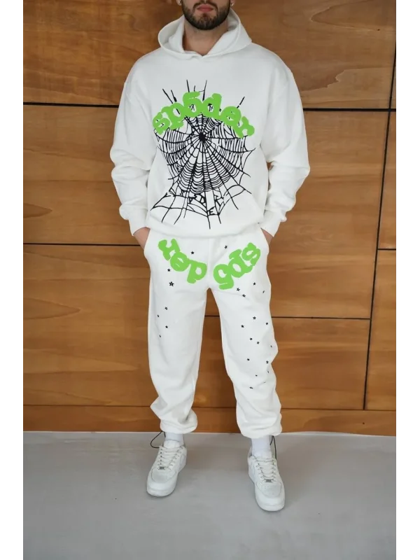 Erkek Kapüşonlu Eşofman Takım Örümcek Ağı ve Neon Yeşil Baskılı Kanguru cepli Oversize Rahat Kalıp, Premium Üç İplik Kumaş - Beyaz
