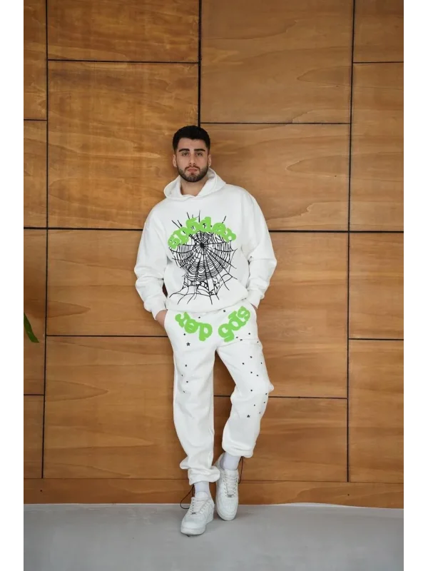 Erkek Kapüşonlu Eşofman Takım Örümcek Ağı ve Neon Yeşil Baskılı Kanguru cepli Oversize Rahat Kalıp, Premium Üç İplik Kumaş - Beyaz