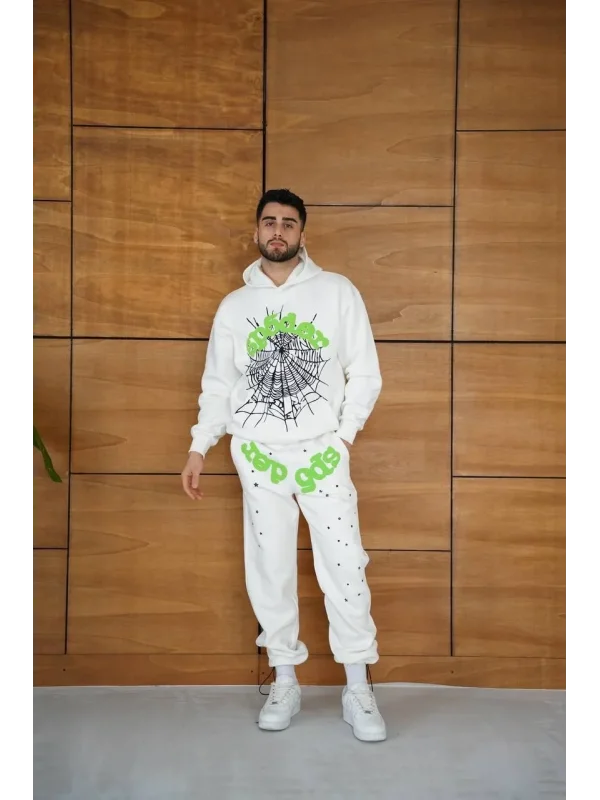 Erkek Kapüşonlu Eşofman Takım Örümcek Ağı ve Neon Yeşil Baskılı Kanguru cepli Oversize Rahat Kalıp, Premium Üç İplik Kumaş - Beyaz