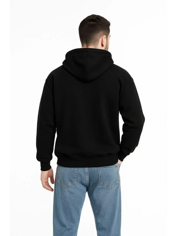 Erkek Kapüşonlu 3 İplik Şardonlu Önü Baskılı Fermuarlı Oversize Sweatshirt - Siyah