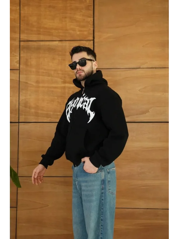 Erkek Kapüşonlu 3 İplik Şardonlu Önü Baskılı Fermuarlı Oversize Sweatshirt - Siyah