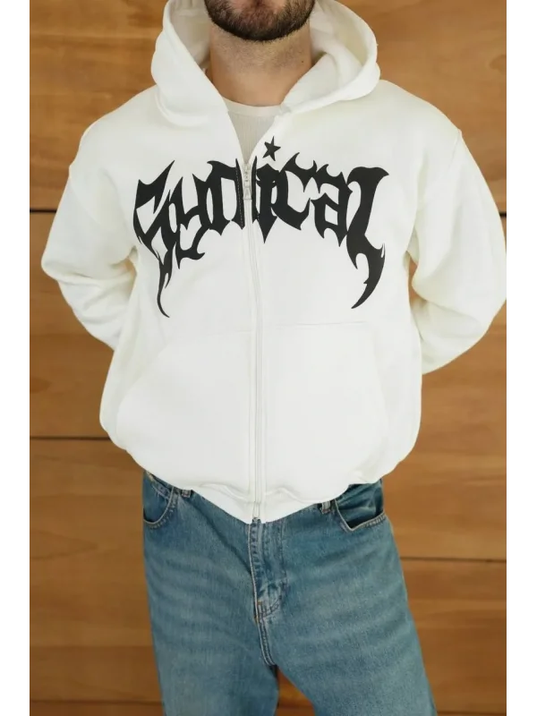 Erkek Kapüşonlu 3 İplik Şardonlu Önü Baskılı Fermuarlı Oversize Sweatshirt - Beyaz