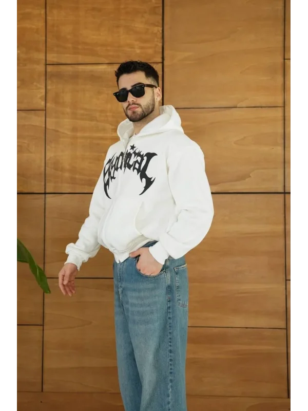 Erkek Kapüşonlu 3 İplik Şardonlu Önü Baskılı Fermuarlı Oversize Sweatshirt - Beyaz