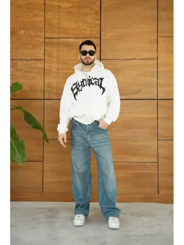 Erkek Kapüşonlu 3 İplik Şardonlu Önü Baskılı Fermuarlı Oversize Sweatshirt - Beyaz