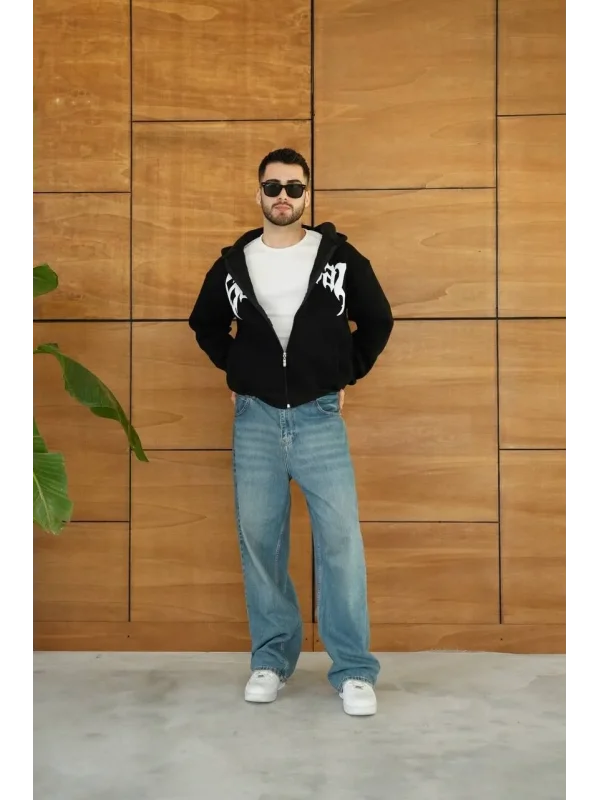 Erkek Kapüşonlu 3 İplik Şardonlu Önü Baskılı Fermuarlı Oversize Sweatshirt - Siyah