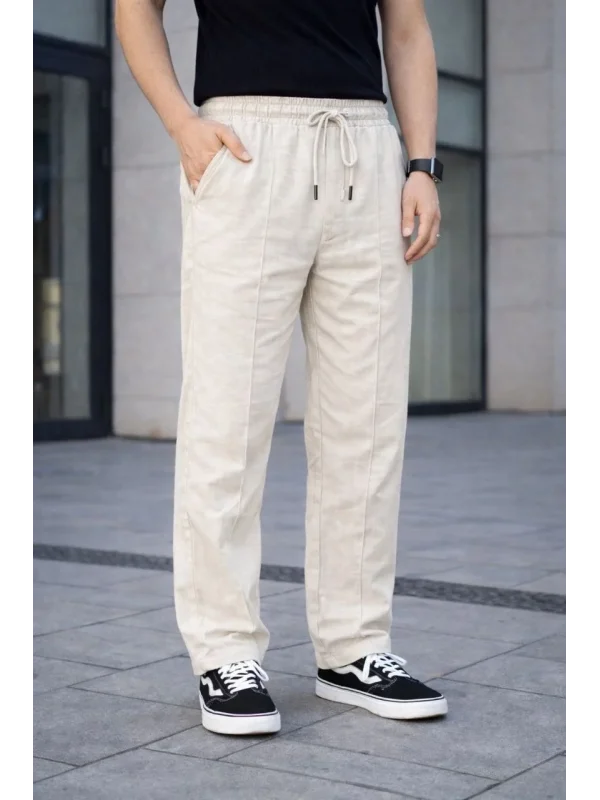 Erkek Keten Cepli Çıma Dikişli jogger Buggy Pantalon Rahat kalıp - Krem