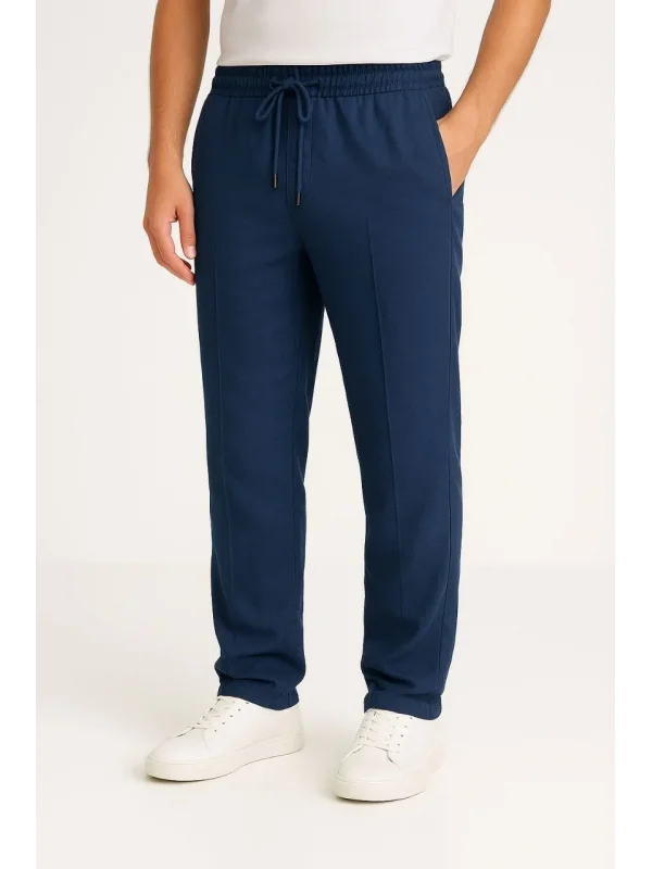 Erkek Keten Pantolon – Cepli, Beli Lastikli ve Bağcıklı, Nefes Alan Rahat Kalıp, Yazlık ve Baharlık Günlük Giyim, Şık & Konforlu Boru Paça Model - Lacivert