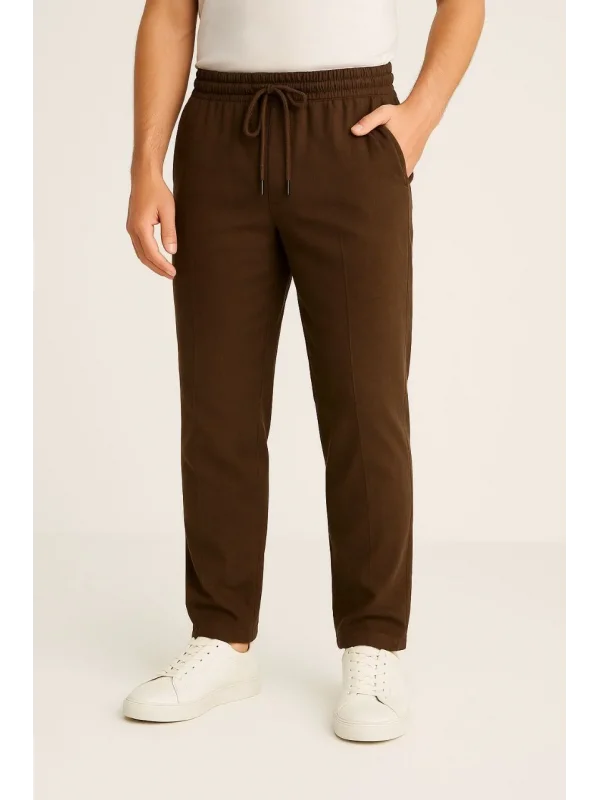 Erkek Keten Pantolon – Cepli, Beli Lastikli ve Bağcıklı, Nefes Alan Rahat Kalıp, Yazlık ve Baharlık Günlük Giyim, Şık & Konforlu Boru Paça Model - Kahverengi