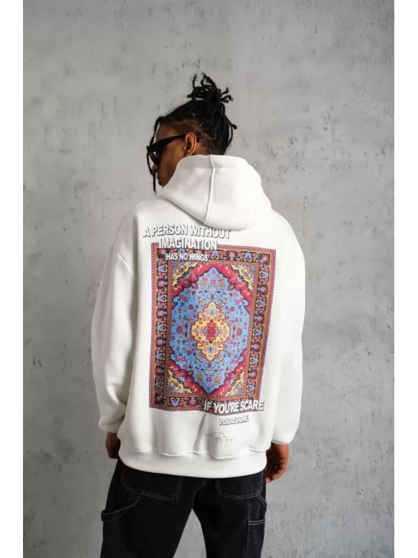 Erkek Kilim Desen Kapüşonlu Sweat - Beyaz