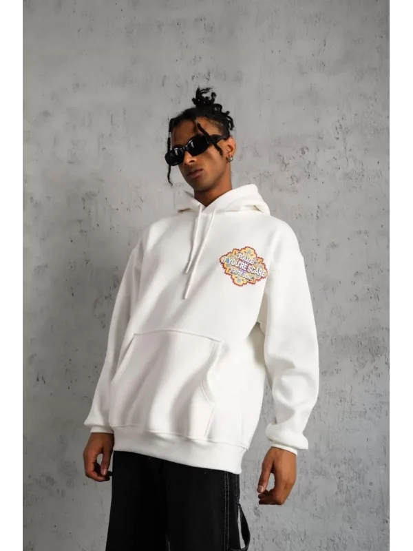 Erkek Kilim Desen Kapüşonlu Sweat - Beyaz