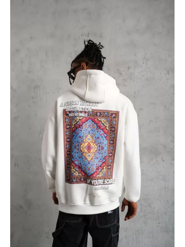 Erkek Kilim Desen Kapüşonlu Sweat - Beyaz