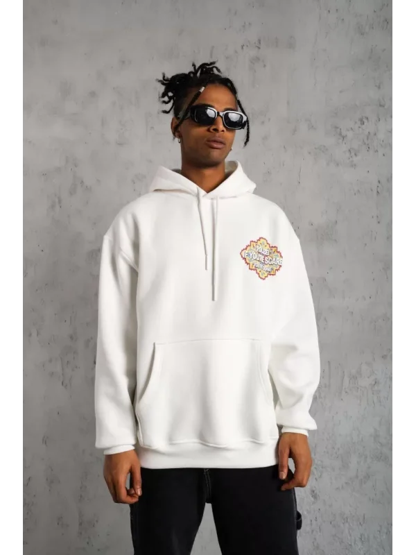 Erkek Kilim Desen Kapüşonlu Sweat - Beyaz