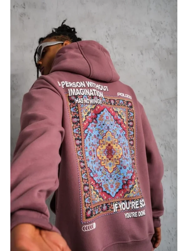Lushiowear Erkek 3 İplik Pamuklu Kapüşonlu Baskılı Cepli Sweatshirt Hoodie - Gül Kurusu