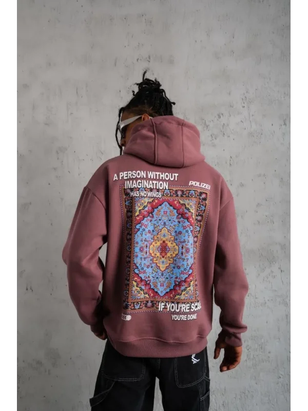 Lushiowear Erkek 3 İplik Pamuklu Kapüşonlu Baskılı Cepli Sweatshirt Hoodie - Gül Kurusu