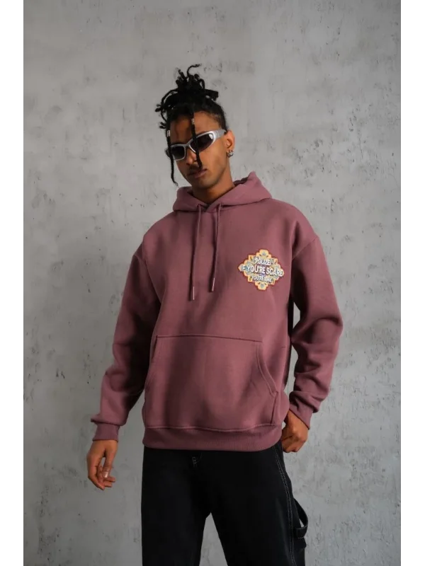 Lushiowear Erkek 3 İplik Pamuklu Kapüşonlu Baskılı Cepli Sweatshirt Hoodie - Gül Kurusu