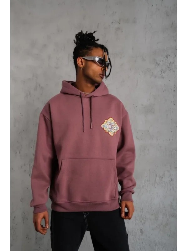 Lushiowear Erkek 3 İplik Pamuklu Kapüşonlu Baskılı Cepli Sweatshirt Hoodie - Gül Kurusu