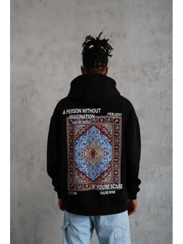 Lushiowear Erkek 3 İplik Pamuklu Kapüşonlu Baskılı Cepli Oversize Sweatshirt Hoodie - Siyah
