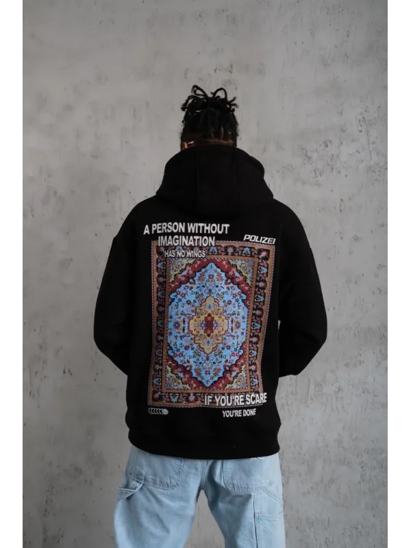 Lushiowear Erkek 3 İplik Pamuklu Kapüşonlu Baskılı Cepli Oversize Sweatshirt Hoodie - Siyah