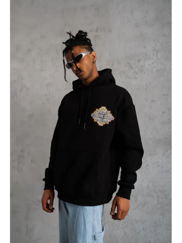 Lushiowear Erkek 3 İplik Pamuklu Kapüşonlu Baskılı Cepli Oversize Sweatshirt Hoodie - Siyah