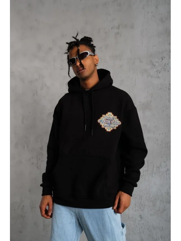 Lushiowear Erkek 3 İplik Pamuklu Kapüşonlu Baskılı Cepli Oversize Sweatshirt Hoodie - Siyah